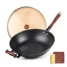 WANGYUANJI 13.4" Cast Iron Wok, Craft Wok Chinese Wok, Flat Bottom Iron Woks with Class Lid, Fry Pan Suitable for Induction, Electric, Gas