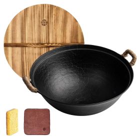 WANGYUANJI 13.4"Handmade Cast Iron Wok, Chinese Traditional Round Bottom Wok with Dual Handle, Suitable for All Cooktops