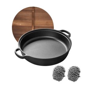 WANGYUANJI 13"Cast Iron Wok with Dual Handles and Wooden Lid, Uncoated Frying Pan for Gas and IH, Chinese Thickened Pancake Pan