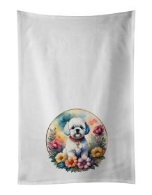Bichon Frise and Flowers Kitchen Towel Set of 2 White Dish Towels Decorative Bathroom Hand towel for Hand, Face, Hair, Yoga, Tea, Dishcloth, 19 X